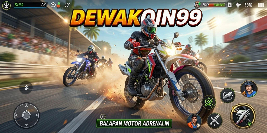 Screenshot dari gameplay seru DEWAKOIN99 dengan balapan motor yang intens.