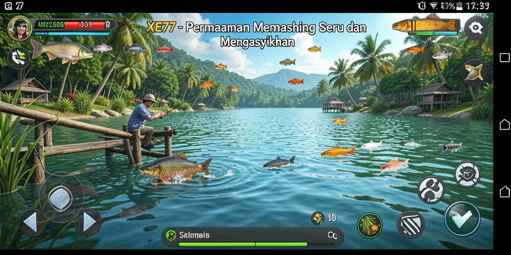 Gameplay utama XE77 yang menampilkan aksi memancing yang seru.